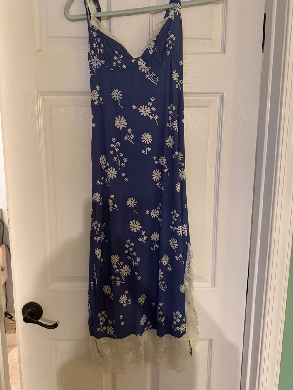 Free People Navy Blue Floral Lace-Trim Midi Slip Dress